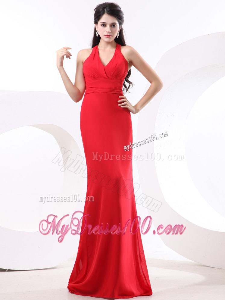 Red Column Prom Dress With Halter Brush Train For Custom Made