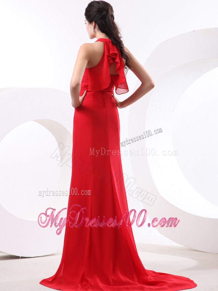 Red Column Prom Dress With Halter Brush Train For Custom Made