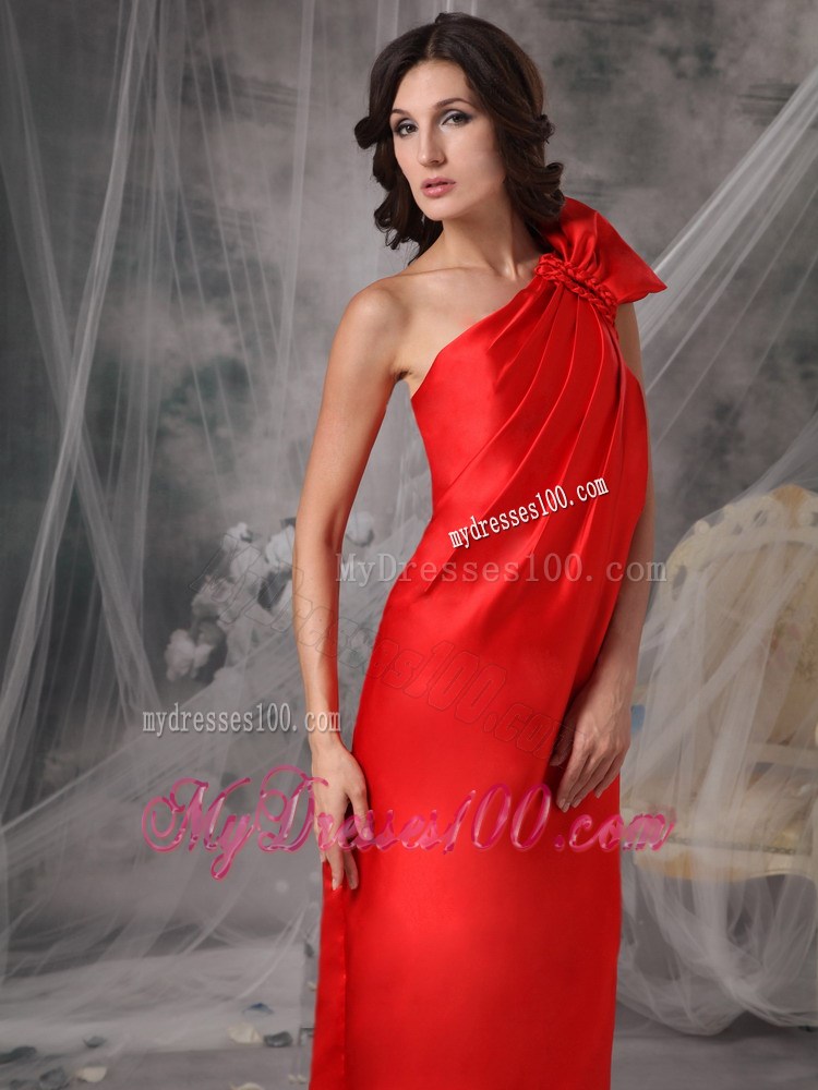 Elegant Red Column One Shoulder Ruched Prom Dresses with Long