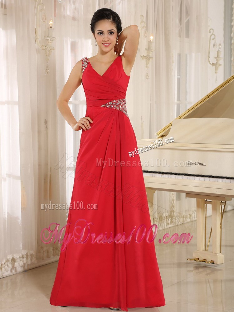 Red Beaded Decorate Column V-neck 2013 Summer Prom Dresses