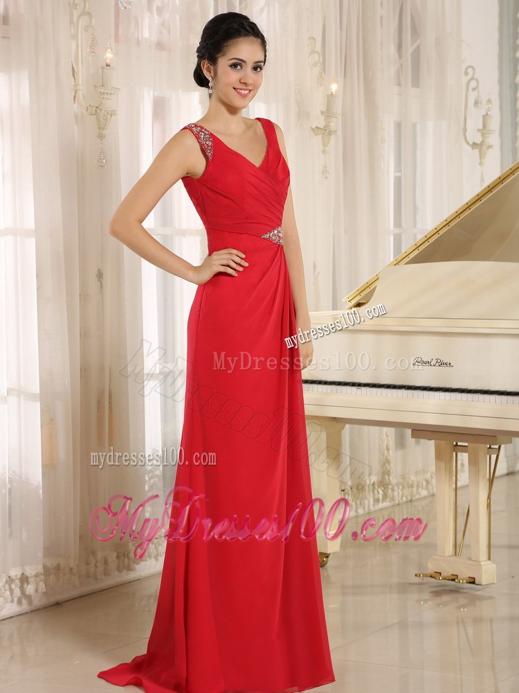 Red Beaded Decorate Column V-neck 2013 Summer Prom Dresses