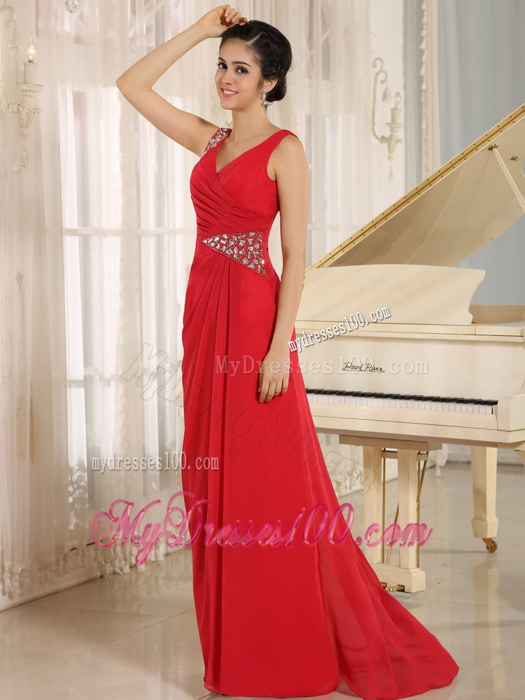 Red Beaded Decorate Column V-neck 2013 Summer Prom Dresses
