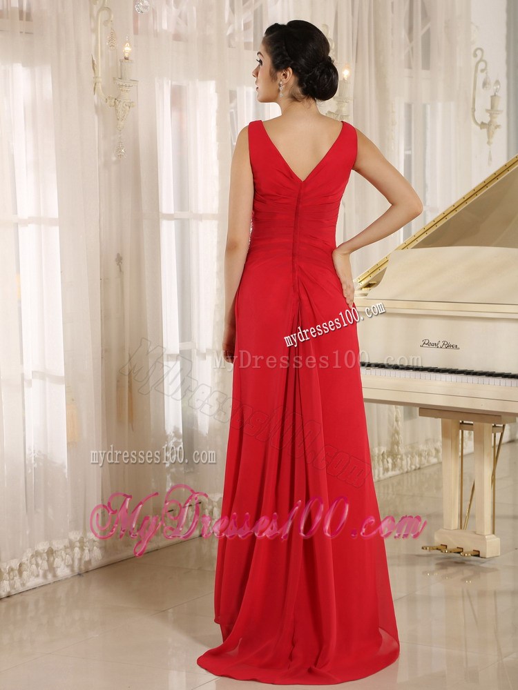 Red Beaded Decorate Column V-neck 2013 Summer Prom Dresses