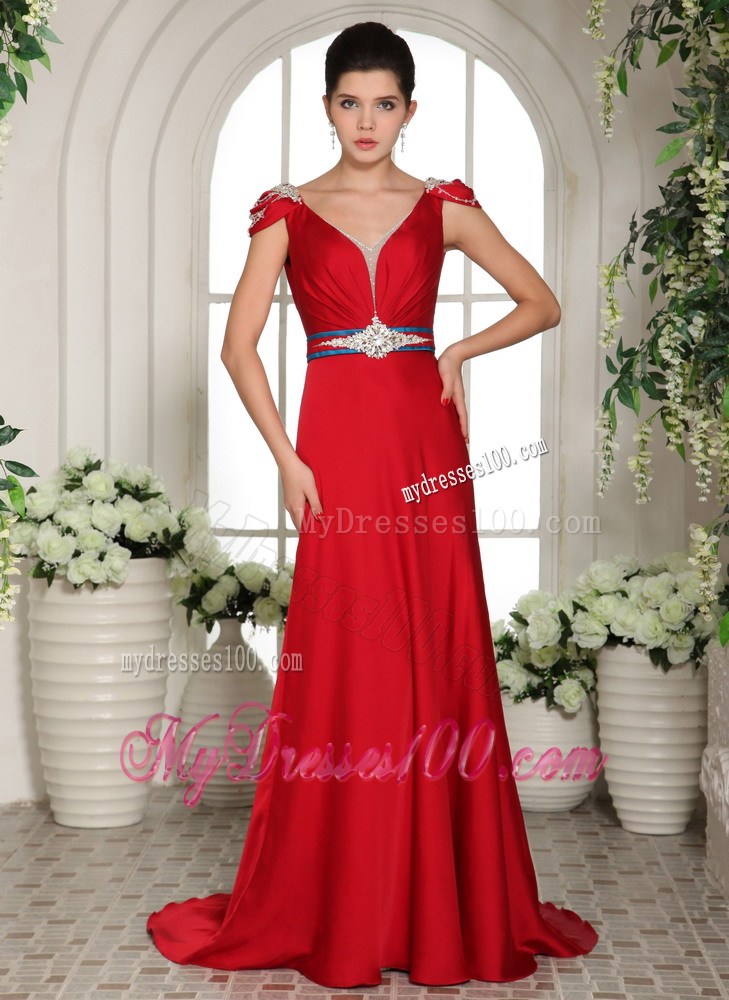 2013 V-neck Cap Sleeves Red Beading Brush Train Prom Gowns