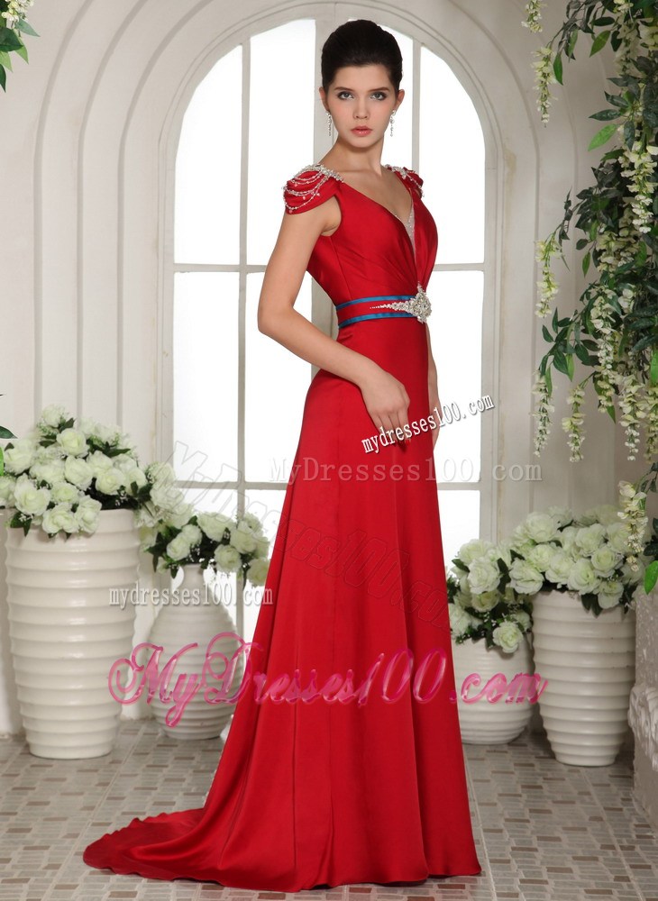 2013 V-neck Cap Sleeves Red Beading Brush Train Prom Gowns