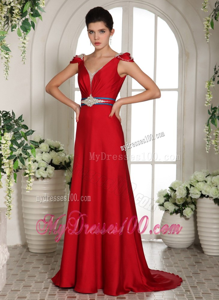 2013 V-neck Cap Sleeves Red Beading Brush Train Prom Gowns