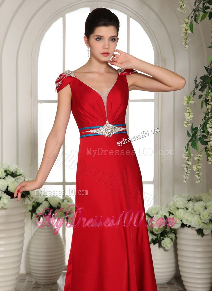2013 V-neck Cap Sleeves Red Beading Brush Train Prom Gowns
