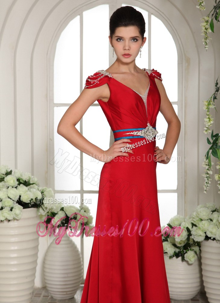 2013 V-neck Cap Sleeves Red Beading Brush Train Prom Gowns