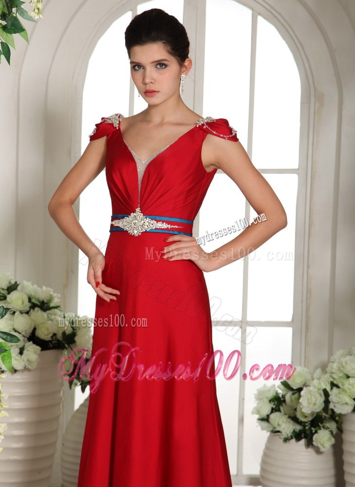 2013 V-neck Cap Sleeves Red Beading Brush Train Prom Gowns