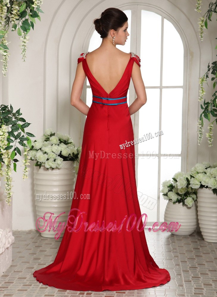 2013 V-neck Cap Sleeves Red Beading Brush Train Prom Gowns