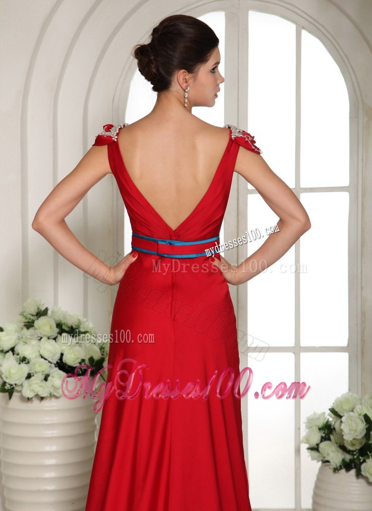 2013 V-neck Cap Sleeves Red Beading Brush Train Prom Gowns