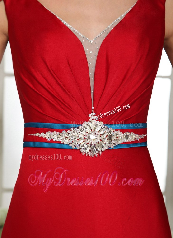 2013 V-neck Cap Sleeves Red Beading Brush Train Prom Gowns