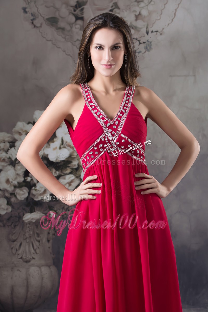 Red V-neck Empire long Criss Cross Beading 2013 Prom Dress
