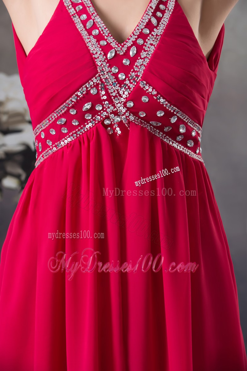 Red V-neck Empire long Criss Cross Beading 2013 Prom Dress