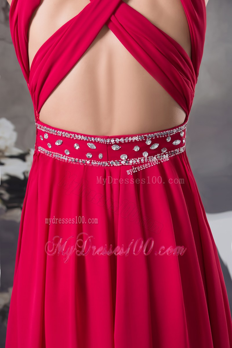 Red V-neck Empire long Criss Cross Beading 2013 Prom Dress