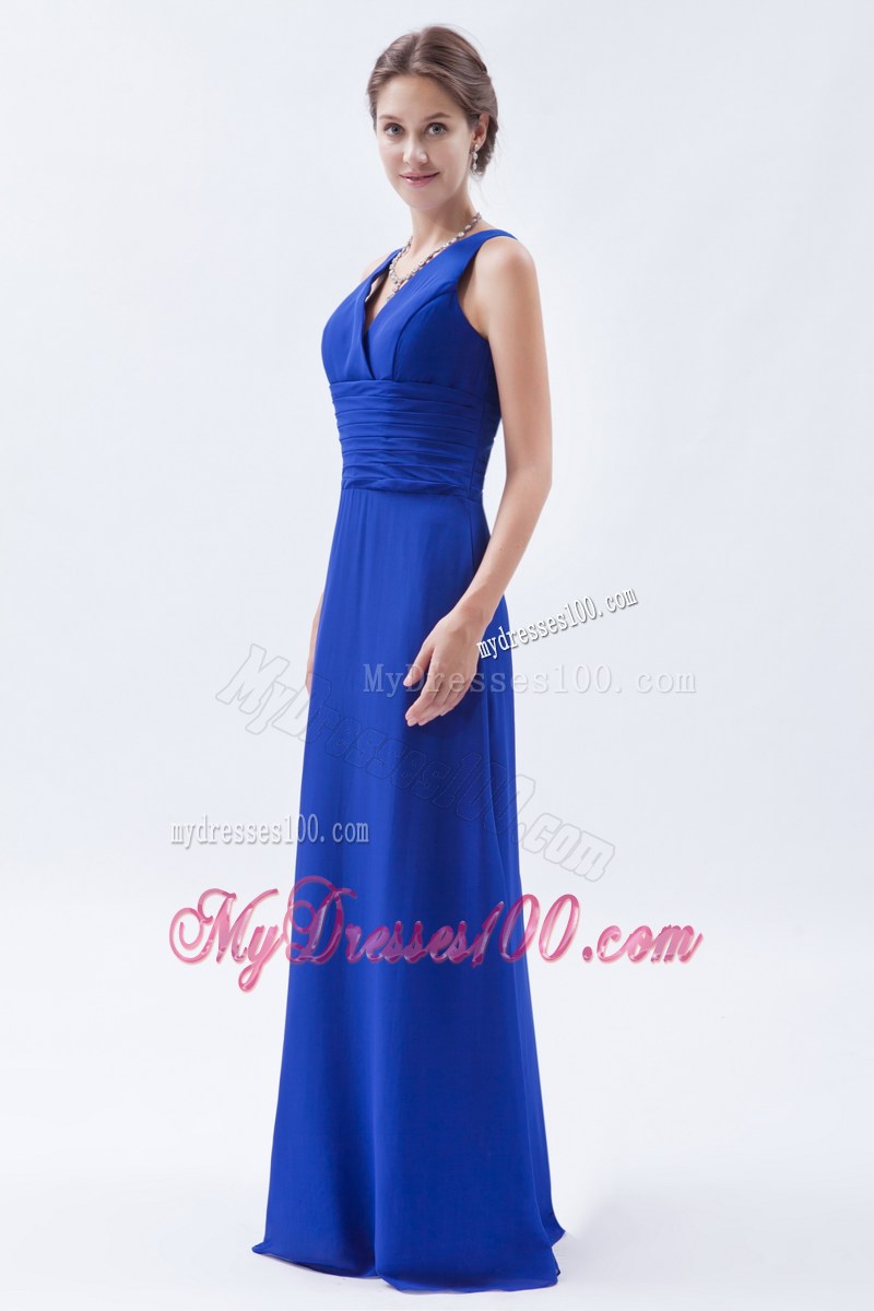 Royal Blue Column Sheath V-neck Floor-length Ruching Prom Dress