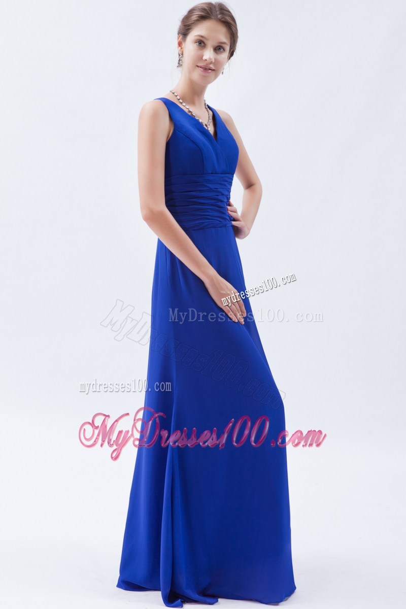 Royal Blue Column Sheath V-neck Floor-length Ruching Prom Dress