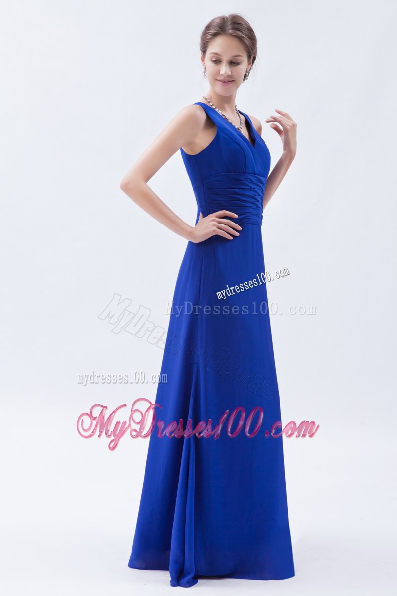 Royal Blue Column Sheath V-neck Floor-length Ruching Prom Dress