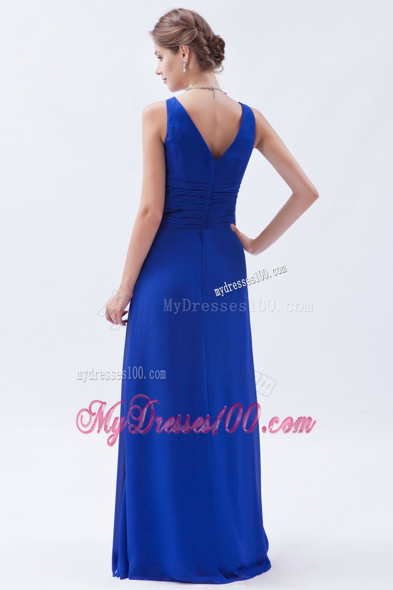 Royal Blue Column Sheath V-neck Floor-length Ruching Prom Dress