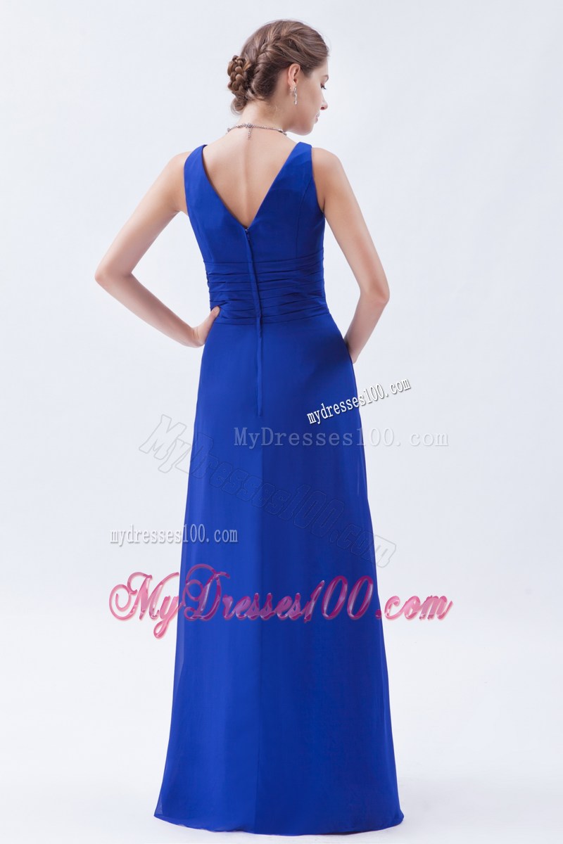 Royal Blue Column Sheath V-neck Floor-length Ruching Prom Dress