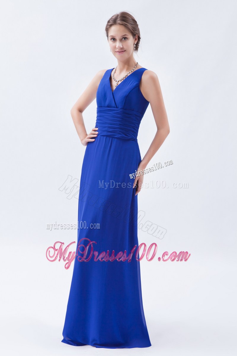 Royal Blue Column Sheath V-neck Floor-length Ruching Prom Dress