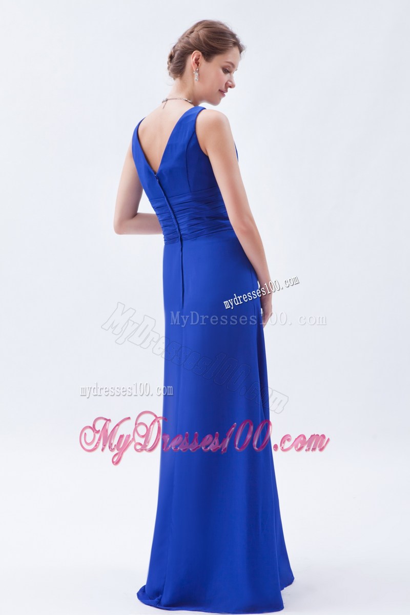 Royal Blue Column Sheath V-neck Floor-length Ruching Prom Dress
