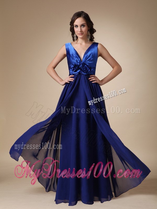 Royal Blue Empire V-neck Floor-length Hand Made Flower Prom Dress