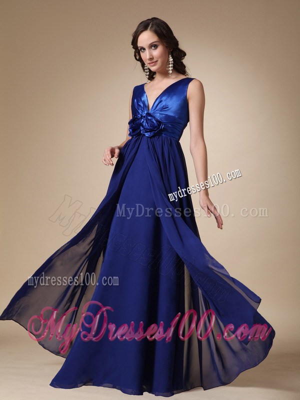 Royal Blue Empire V-neck Floor-length Hand Made Flower Prom Dress