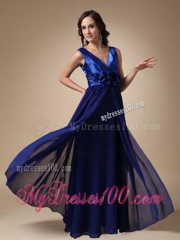Royal Blue Empire V-neck Floor-length Hand Made Flower Prom Dress
