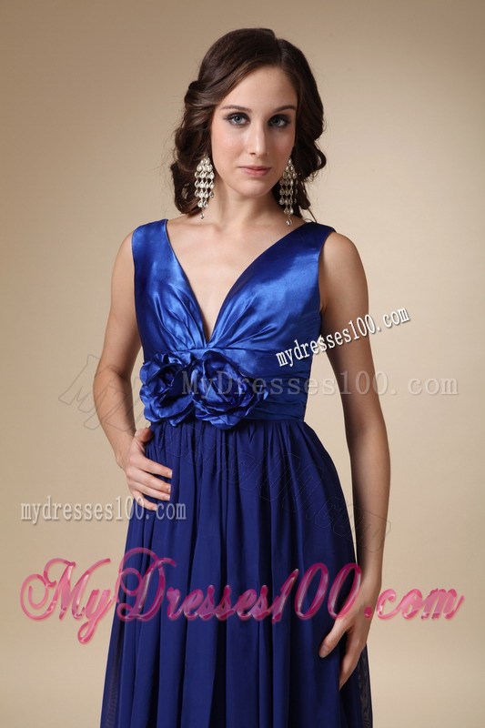 Royal Blue Empire V-neck Floor-length Hand Made Flower Prom Dress