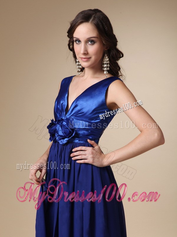 Royal Blue Empire V-neck Floor-length Hand Made Flower Prom Dress