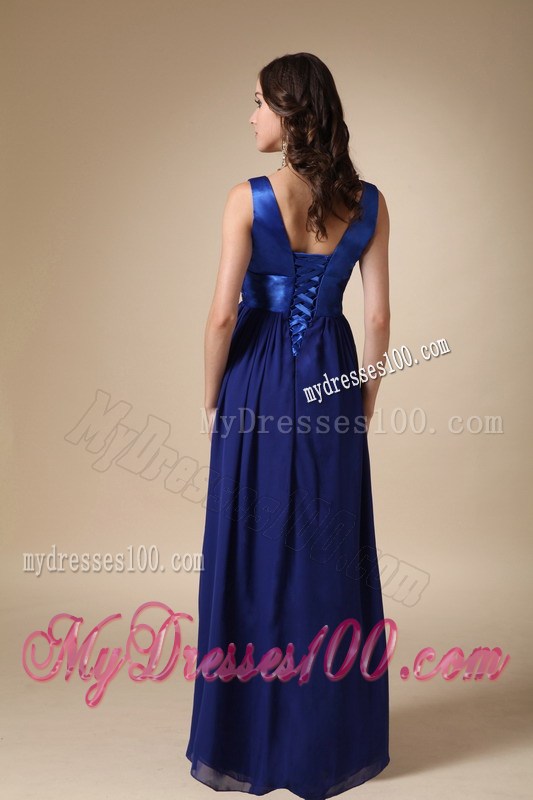 Royal Blue Empire V-neck Floor-length Hand Made Flower Prom Dress
