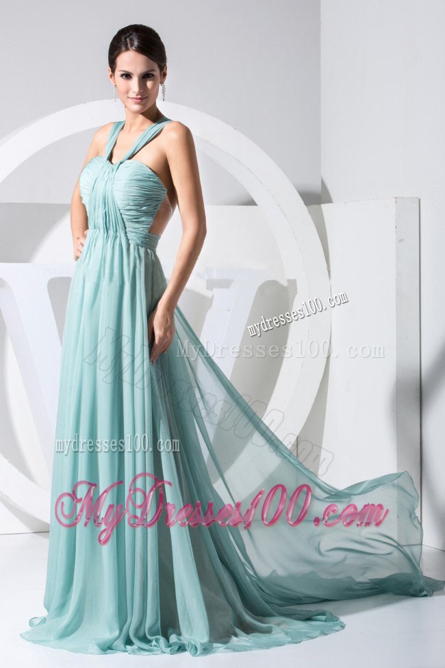 Ruching Empire Straps Watteau Train 2013 Prom Dresses in Light Blue
