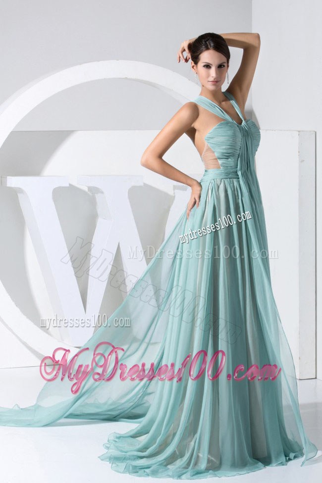 Ruching Empire Straps Watteau Train 2013 Prom Dresses in Light Blue