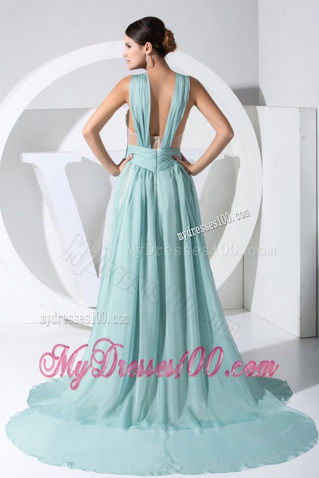 Ruching Empire Straps Watteau Train 2013 Prom Dresses in Light Blue