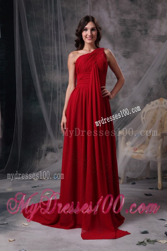 Modern Red Empire One Shoulder Prom Dress Ruching Brush Train