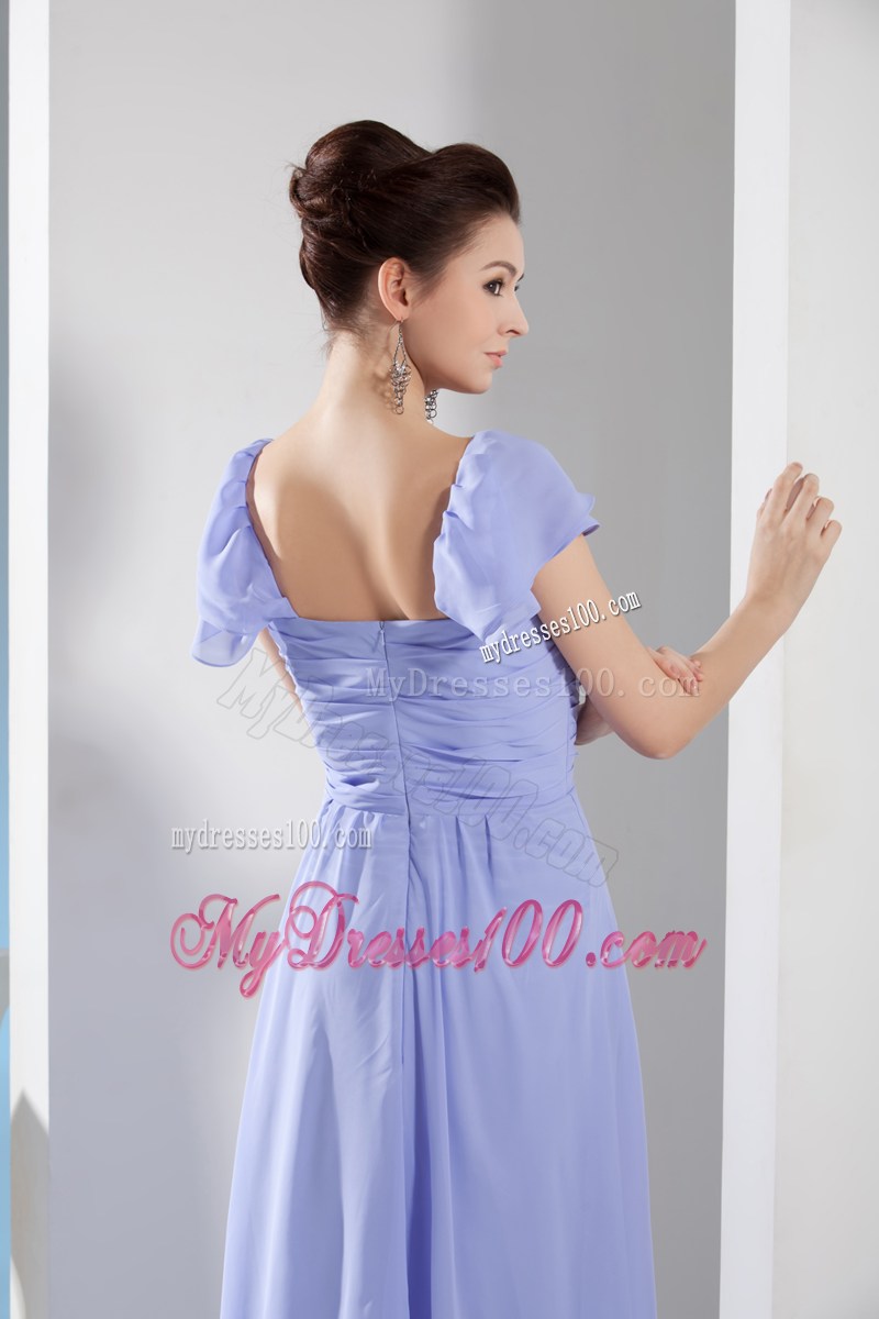 Ruching Empire Square long Prom Dress with Cap Sleeves