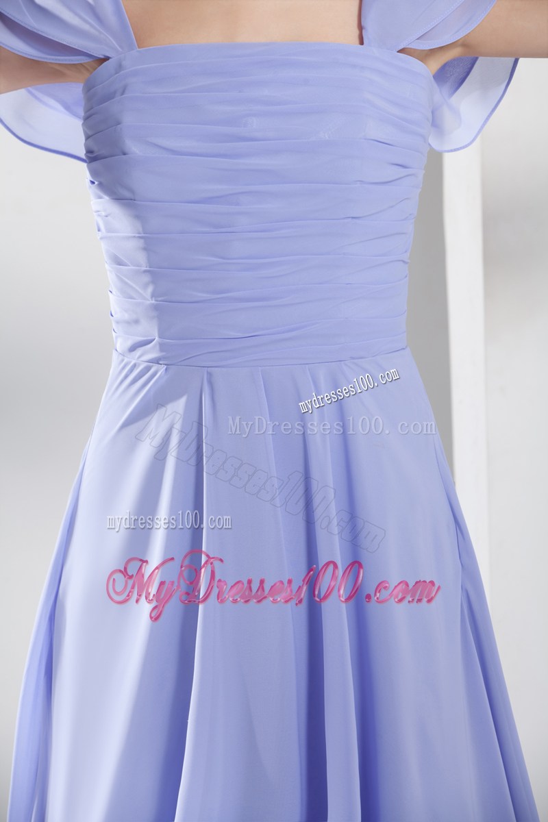 Ruching Empire Square long Prom Dress with Cap Sleeves