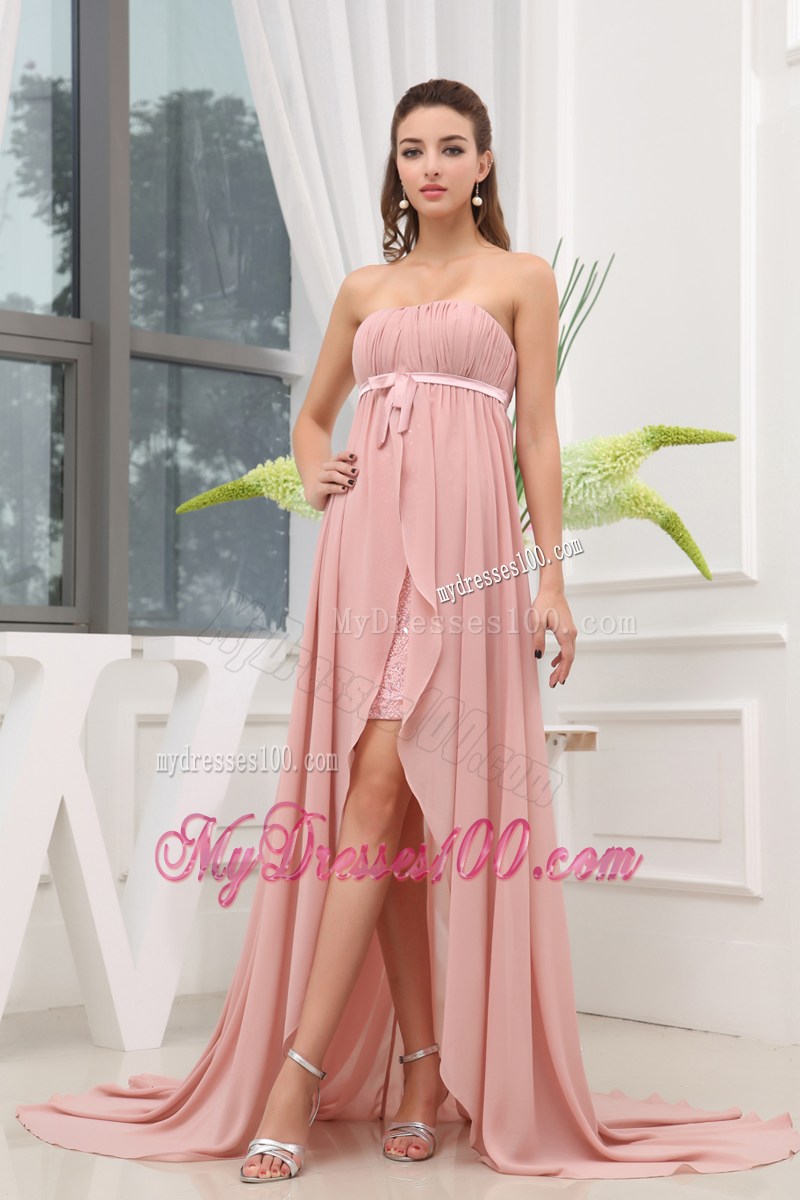 Ruching Hig-low Strapless Sash Brush Train Prom Dress