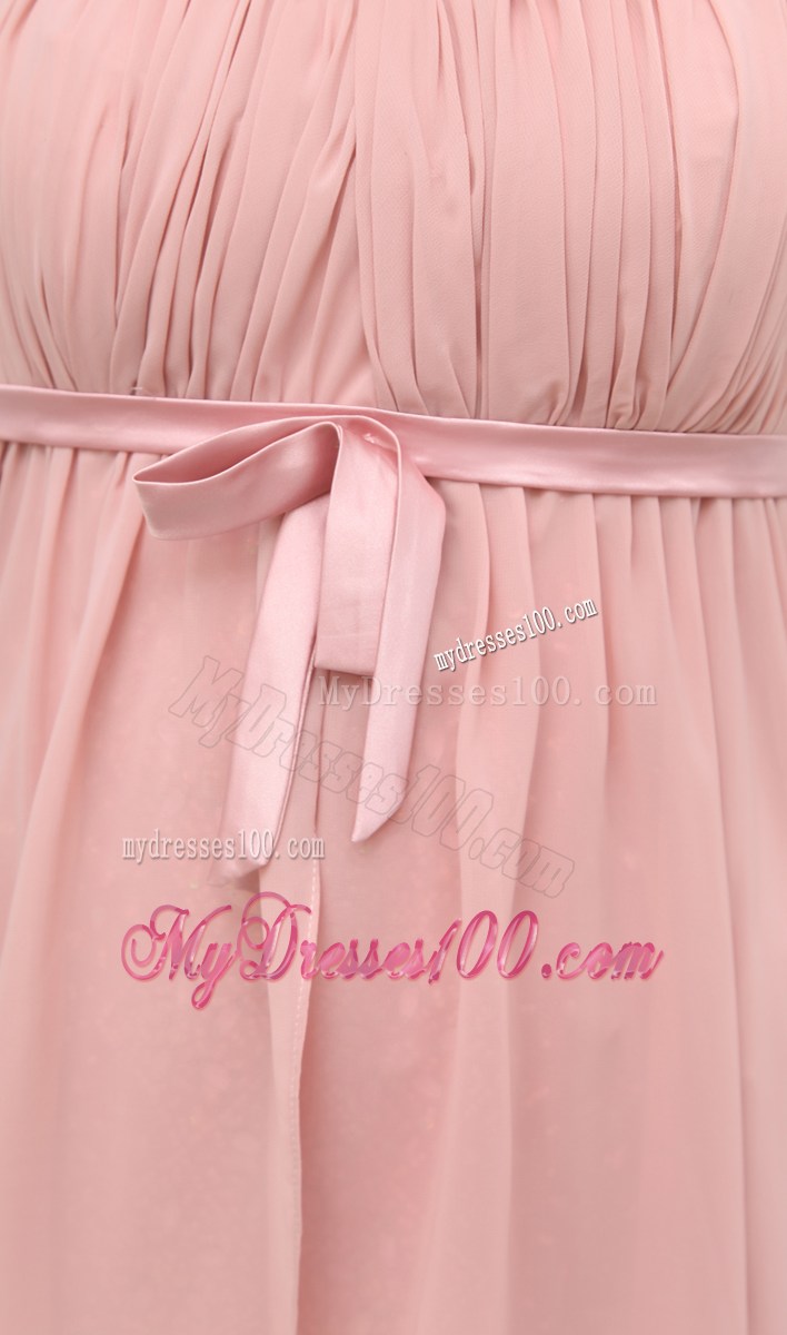 Ruching Hig-low Strapless Sash Brush Train Prom Dress