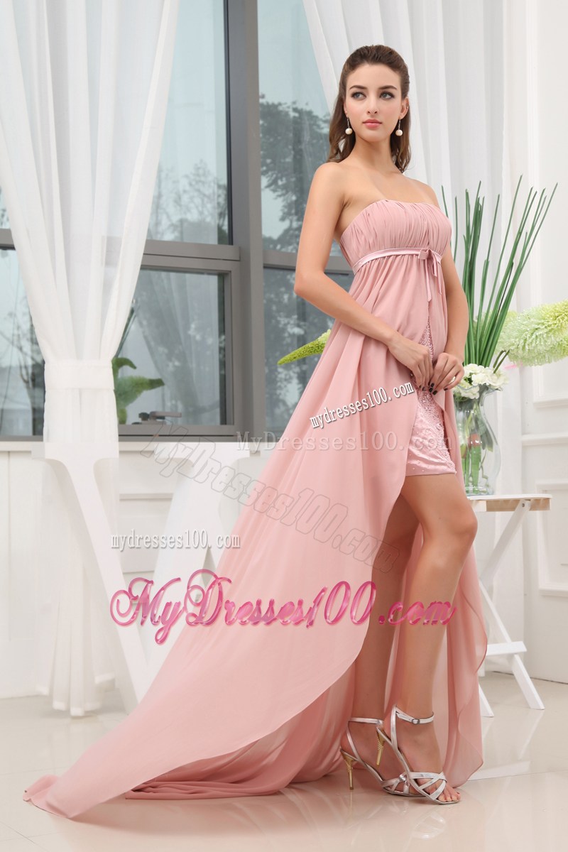 Ruching Hig-low Strapless Sash Brush Train Prom Dress