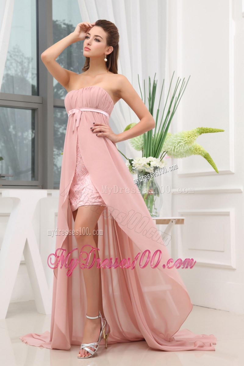 Ruching Hig-low Strapless Sash Brush Train Prom Dress