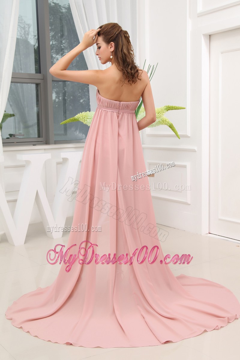 Ruching Hig-low Strapless Sash Brush Train Prom Dress