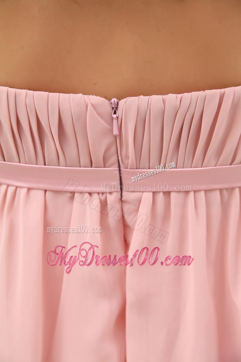 Ruching Hig-low Strapless Sash Brush Train Prom Dress
