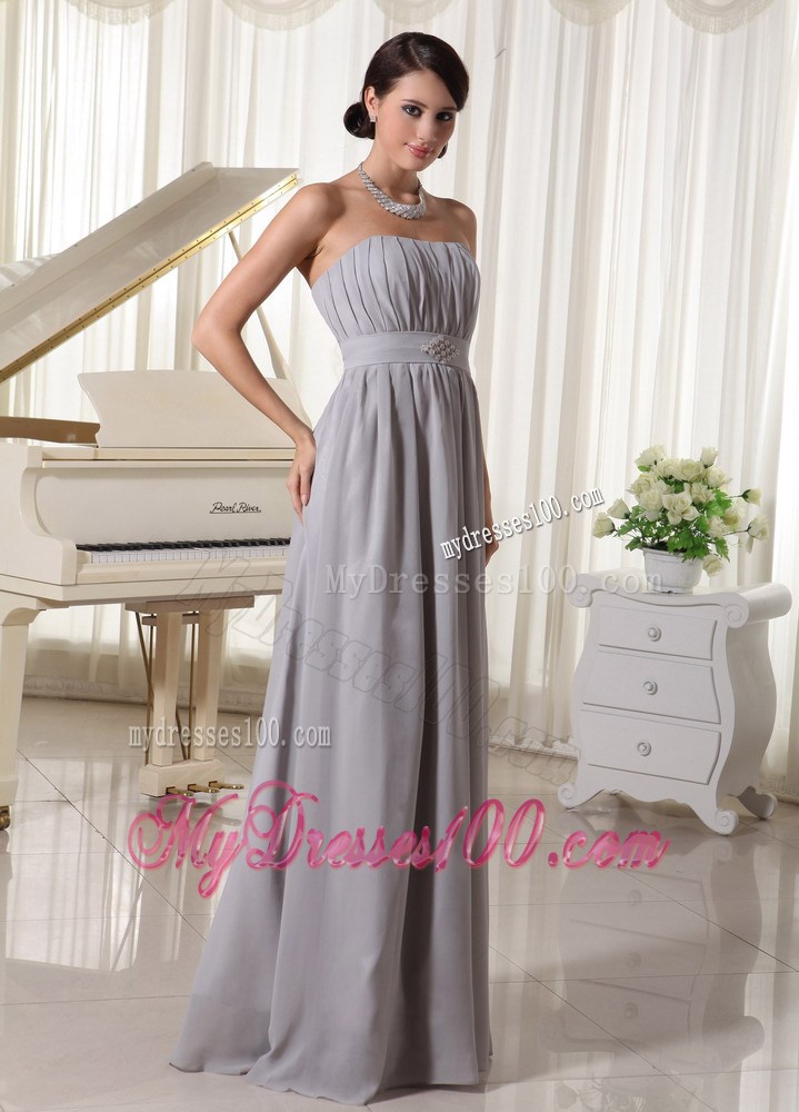 Simple Grey Empire Empire Prom Dresses With Ruched and Beading