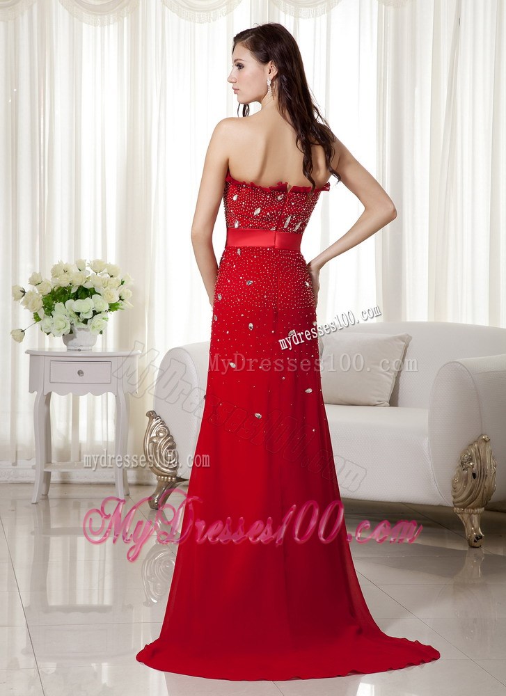 Elegant Wine Red Strapless Beaded Prom Dress Brush Train Bowknot