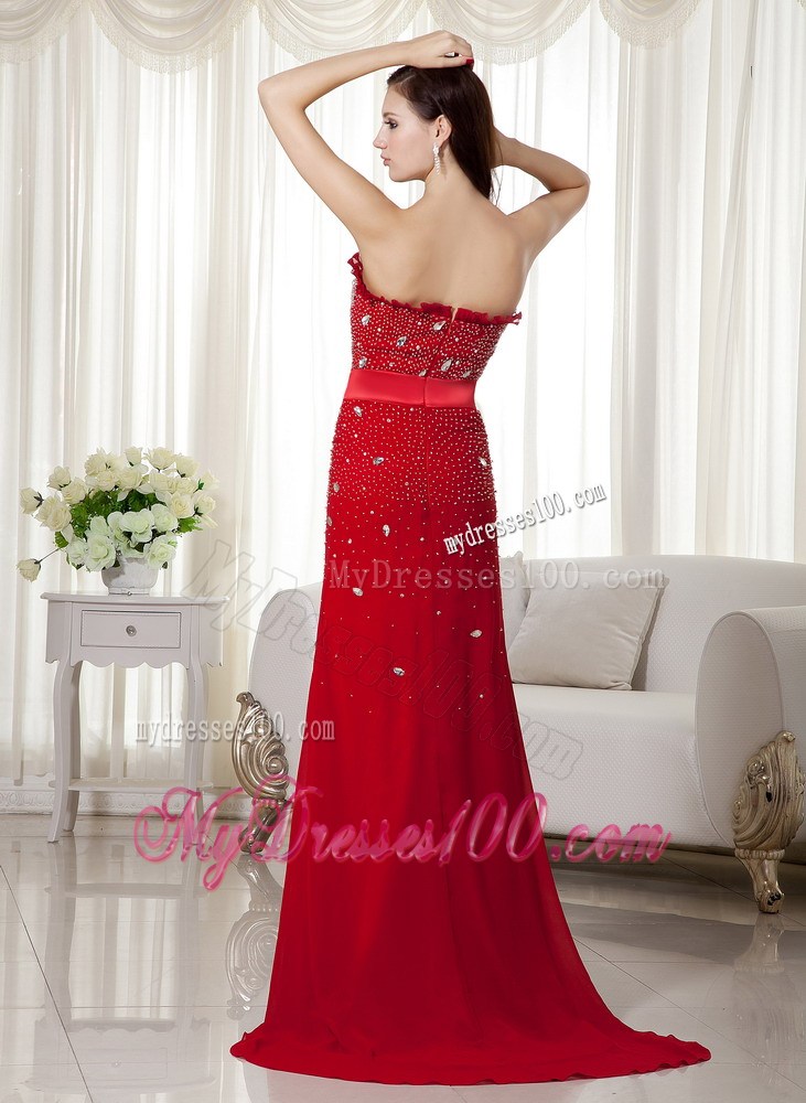 Elegant Wine Red Strapless Beaded Prom Dress Brush Train Bowknot