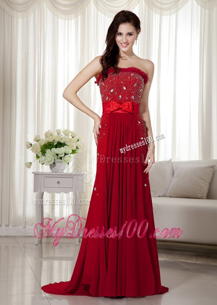 Elegant Wine Red Strapless Beaded Prom Dress Brush Train Bowknot