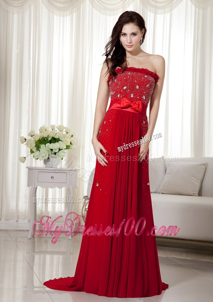 Elegant Wine Red Strapless Beaded Prom Dress Brush Train Bowknot