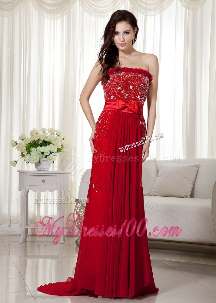 Elegant Wine Red Strapless Beaded Prom Dress Brush Train Bowknot